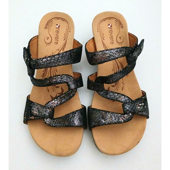 NEW Revere Sofia Blk Metallic Python Strappy Comfort Wedge Sandals US 10M - Picture 2 of 11